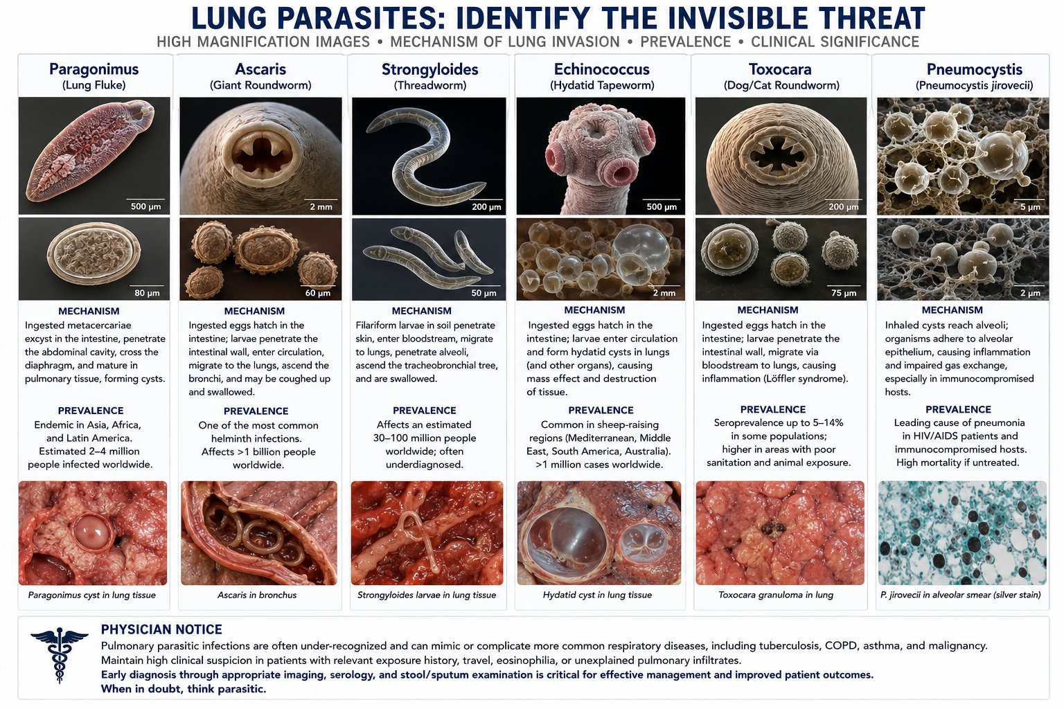 Clinical reference chart: six common lung parasites — Paragonimus, Ascaris, Strongyloides, Echinococcus, Toxocara, and Pneumocystis jirovecii — with high-magnification microscopy images, mechanism of lung invasion, prevalence data, and tissue pathology photographs. Includes physician notice on under-diagnosis.